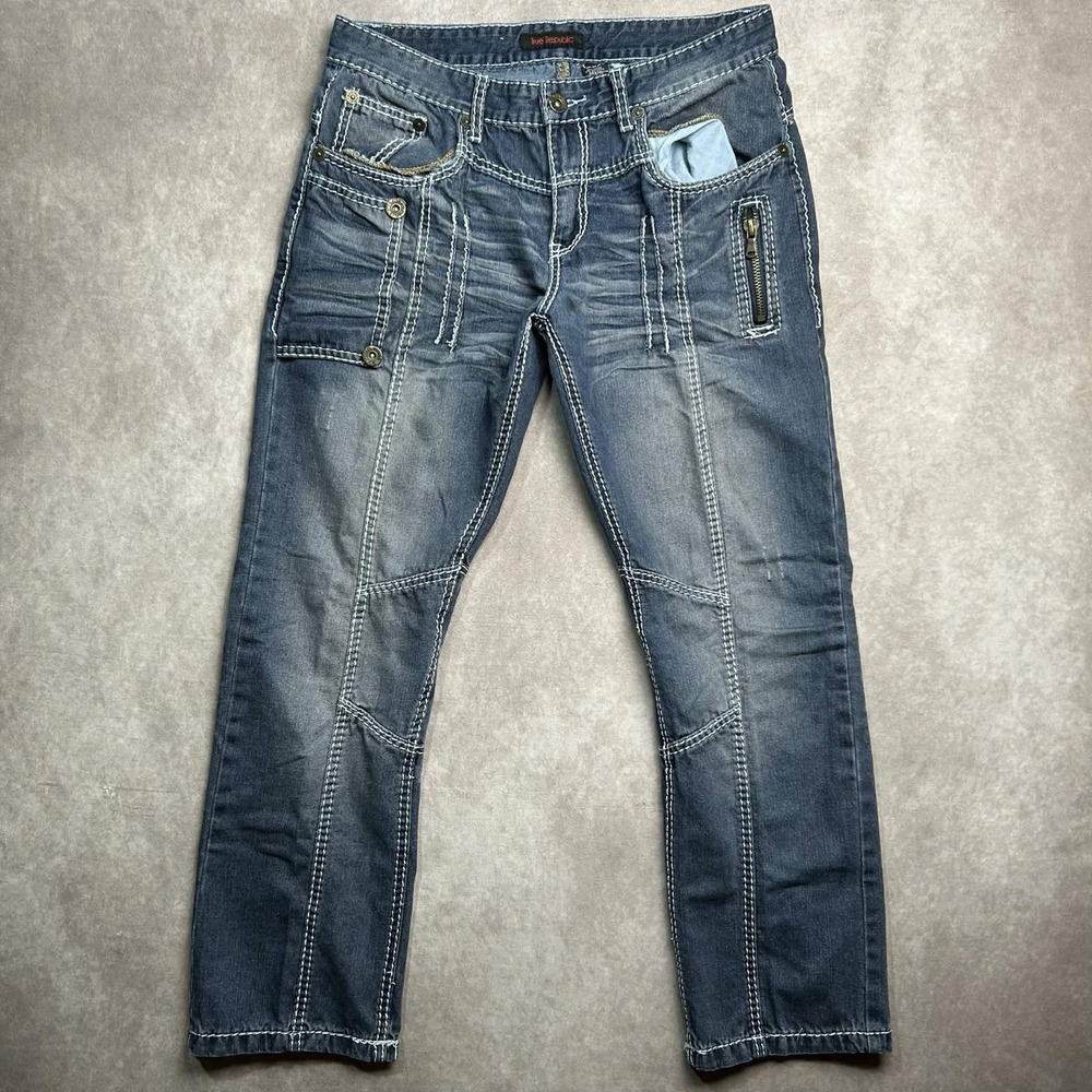 True Republic Jeans Blue Denim Relaxed Thick StitchEmbroidery Grunge 36x30